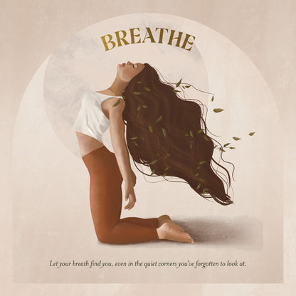 Person in a yoga pose with 'Breathe' text and leaf elements on a beige background