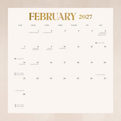 Calendar for February 2027 with a beige border