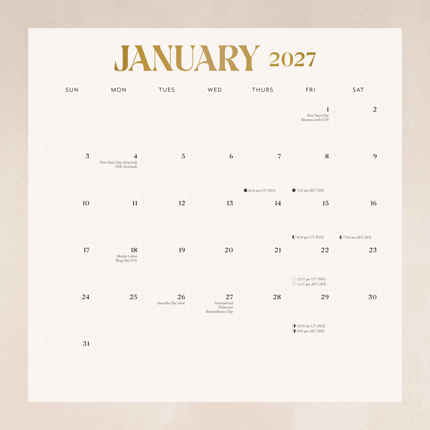 Calendar for January 2027 on a beige background