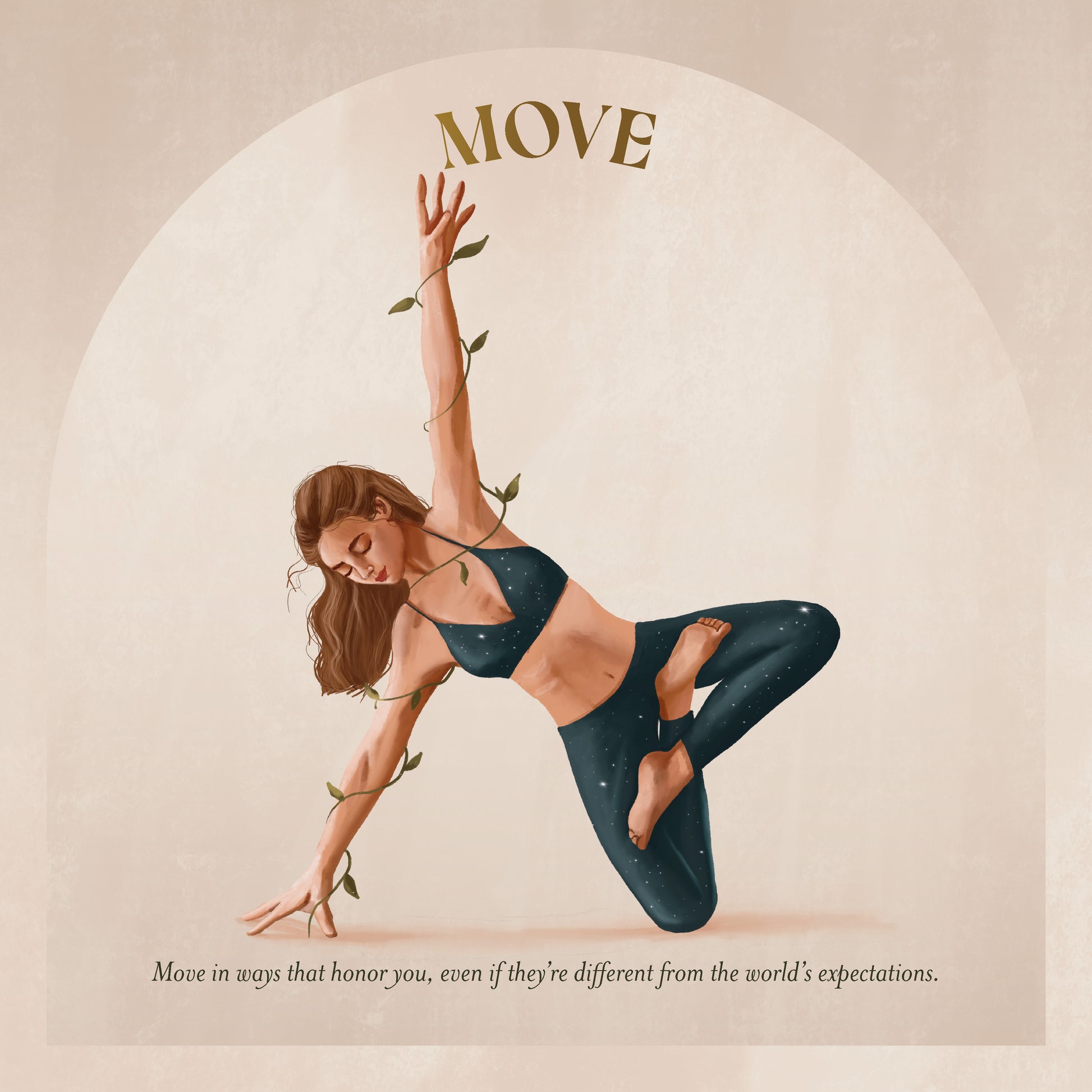 Woman in a yoga pose with 'MOVE' text and motivational quote on a beige background