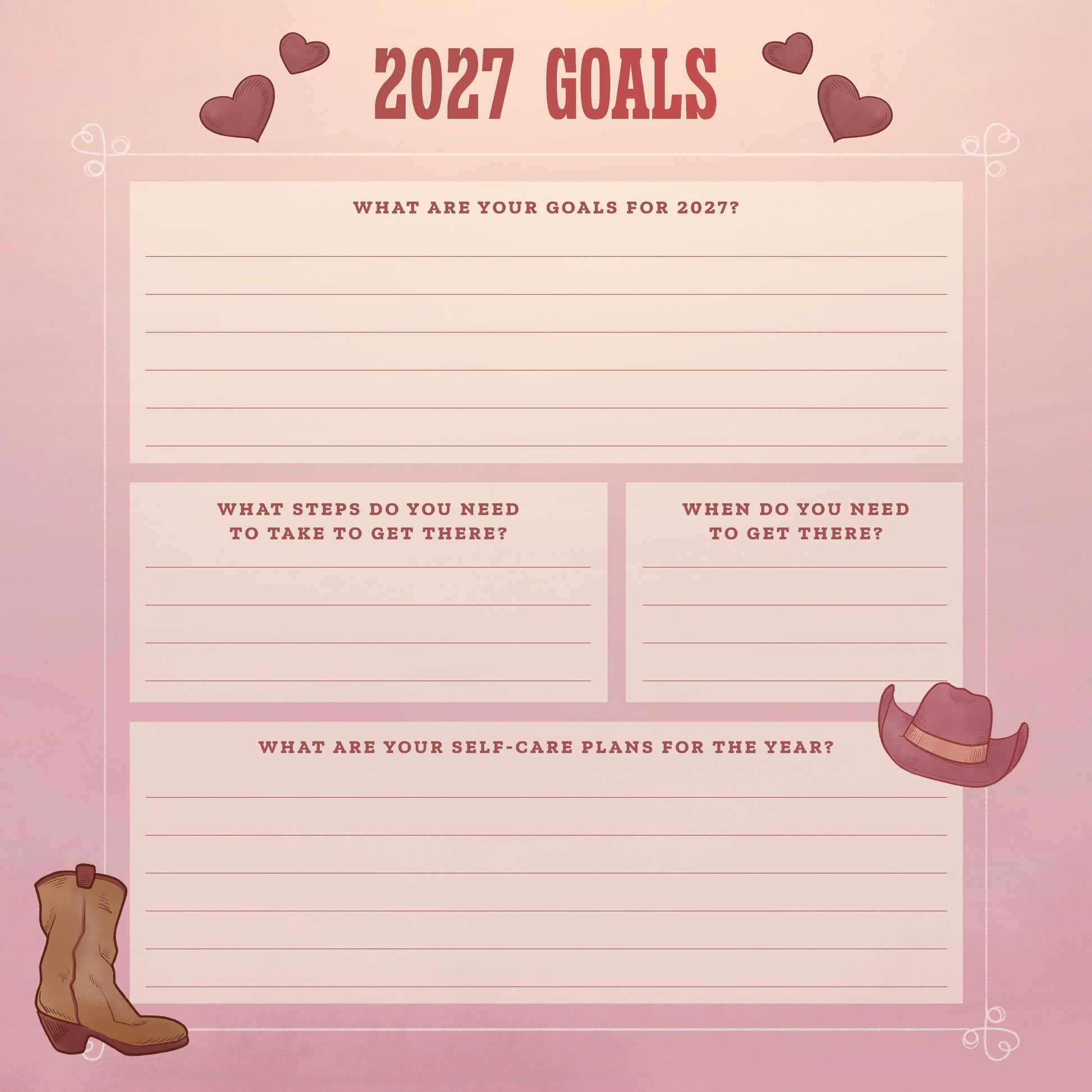 2027 Goals planning sheet with cowboy boot and hat on a pink background
