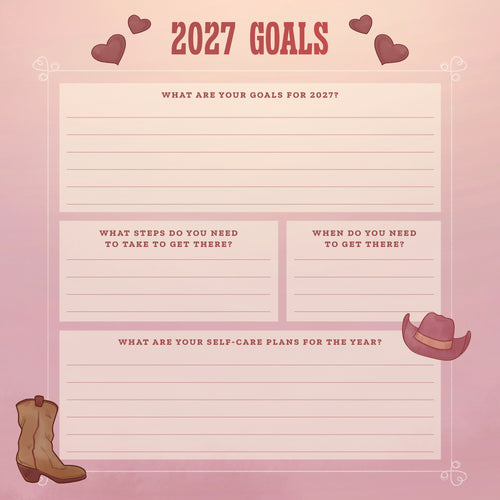 2027 Goals planning sheet with cowboy boot and hat on a pink background