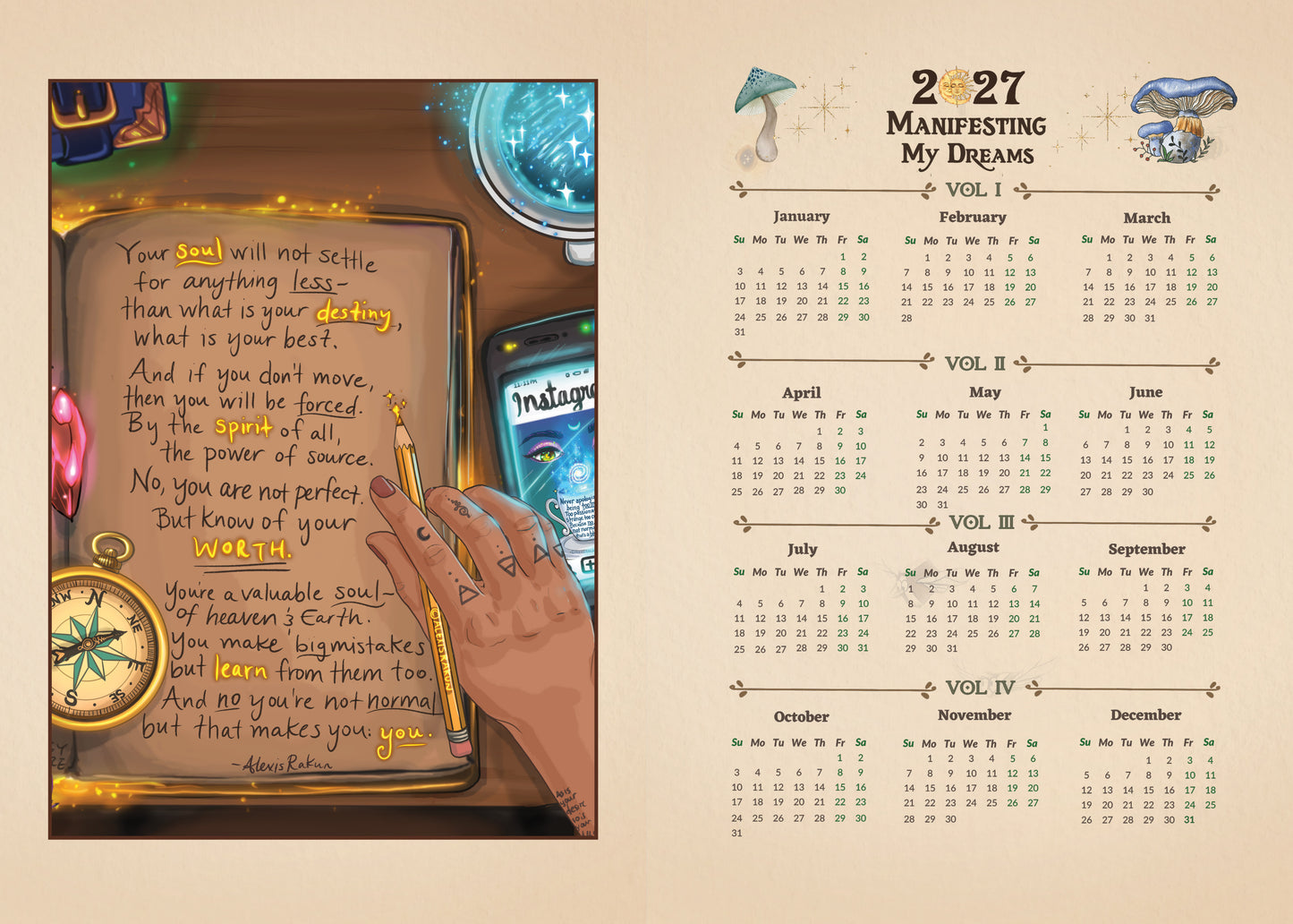 Calendar with a motivational quote and visual elements on a beige background