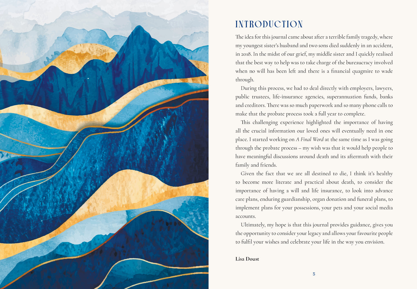 Book page with abstract blue and gold mountain design and text on a white background