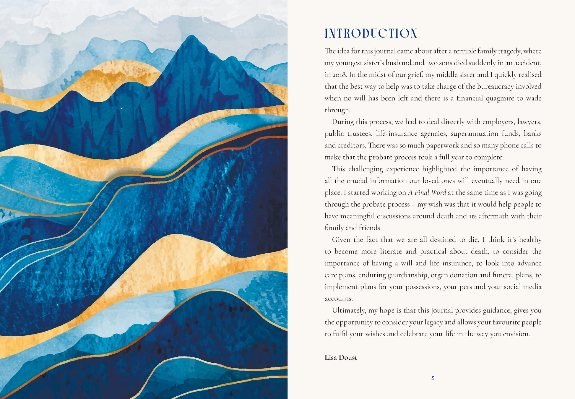 Book page with abstract blue and gold mountain design and text on a white background