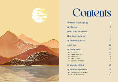 Book contents page with mountain landscape illustration and text layout.
