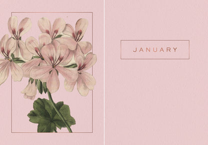 Floral design with 'January' text on a pink background