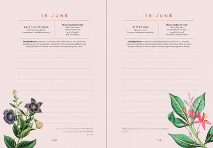 Floral-themed calendar pages with botanical illustrations on a light pink background.