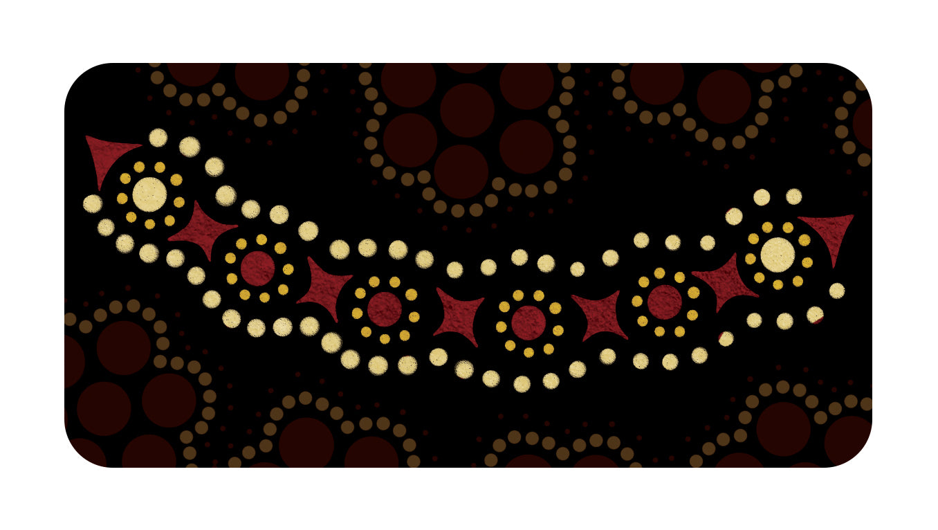 Decorative pattern with red, gold, and white elements on a black background