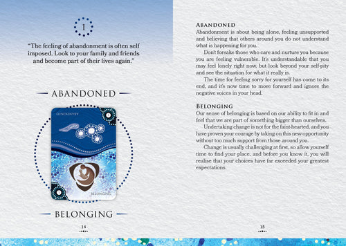 Card with a blue design and text about abandonment and belonging on a light gray background.