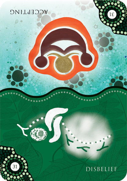 Card with abstract design elements on a green and blue background