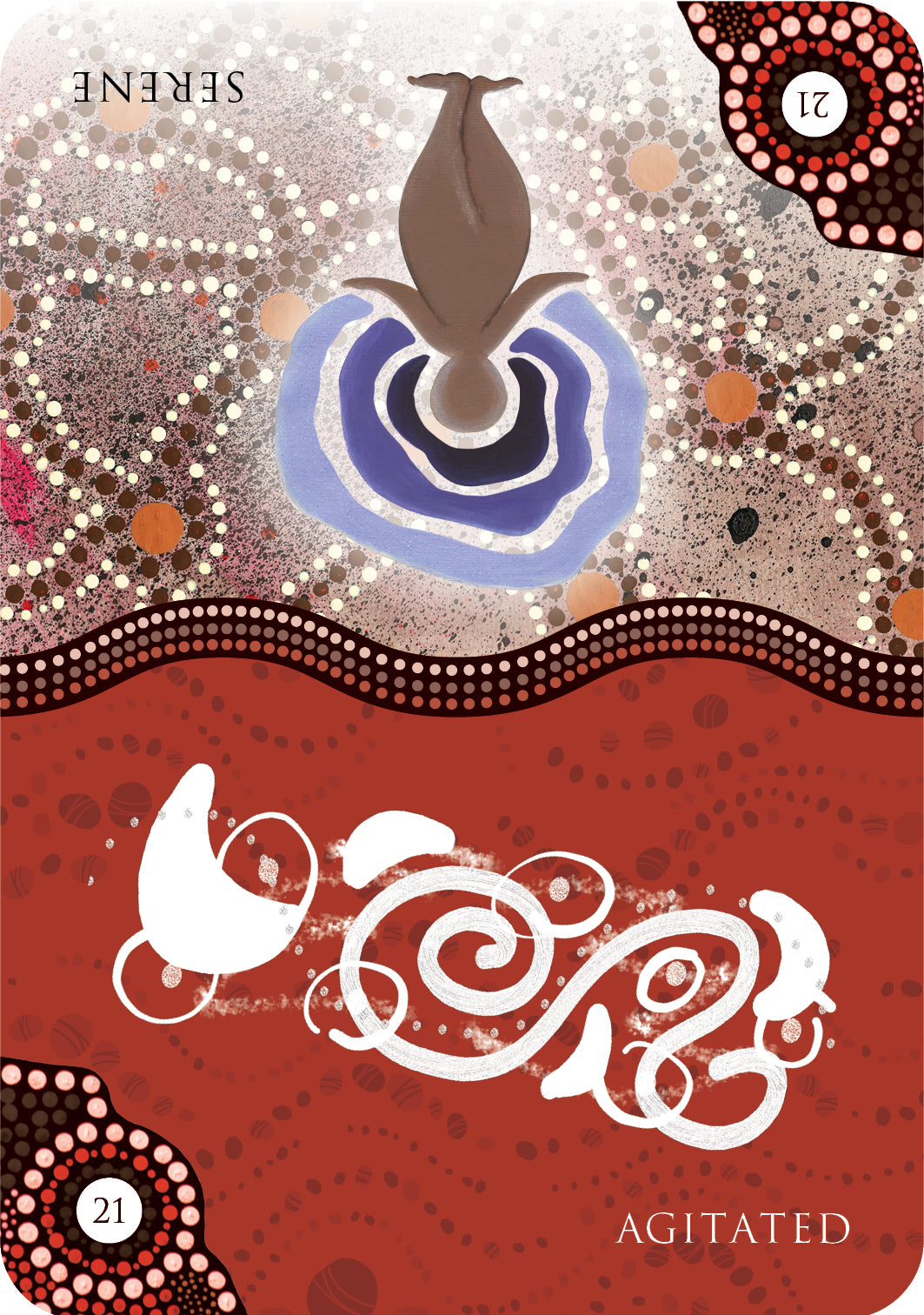 Book cover with abstract design and text 'Serenity Agitated' on a red background