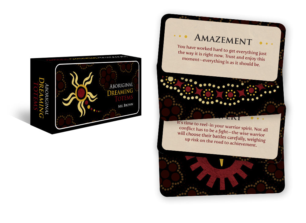 Aboriginal Dreaming Totem cards with packaging on a white background