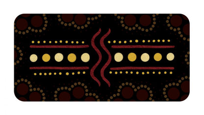 Decorative license plate with a pattern of circles and lines on a black background