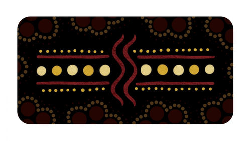 Decorative license plate with a pattern of circles and lines on a black background