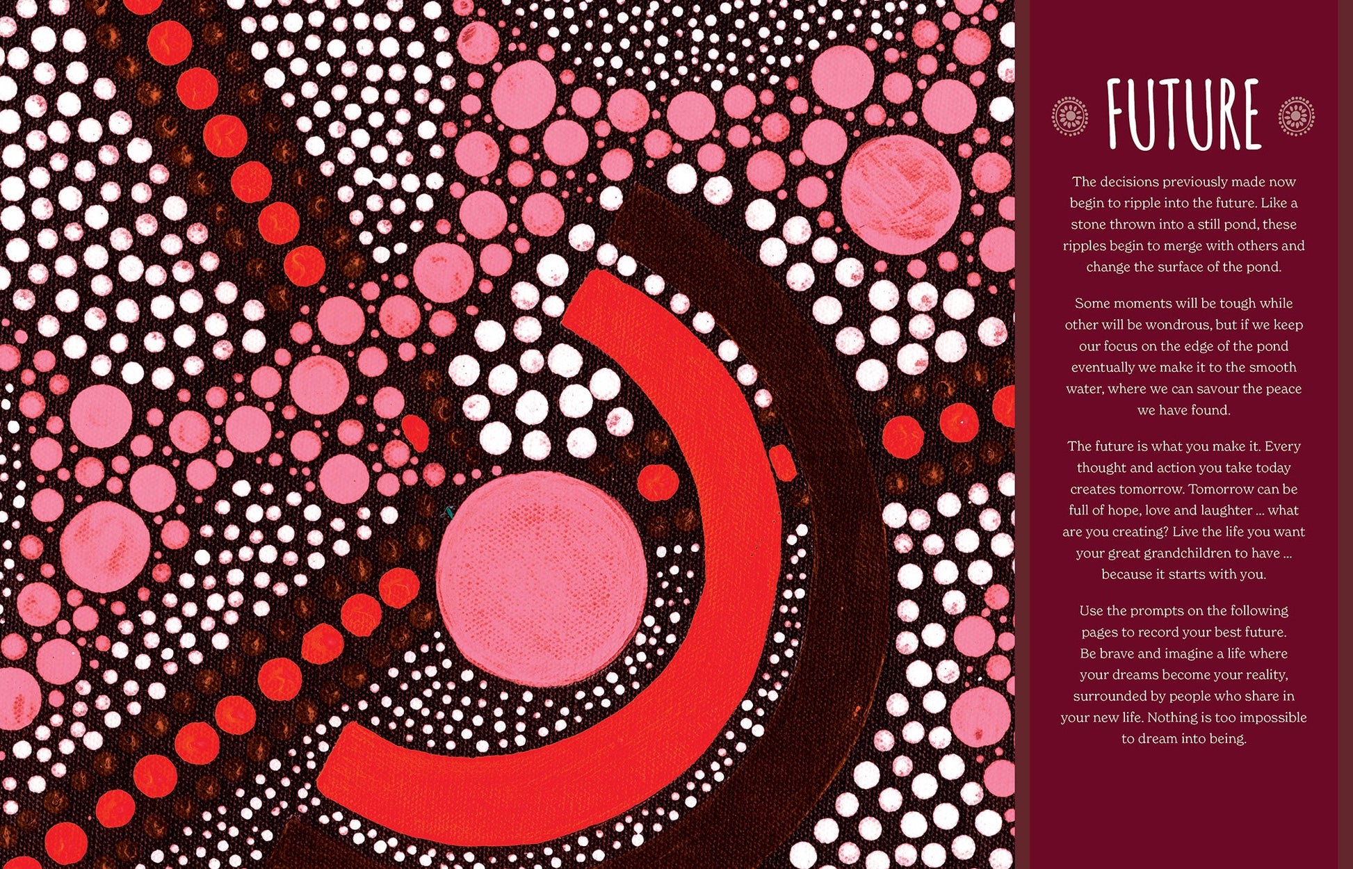Artistic design with pink, red, and white circles on a purple background with text on the right side.