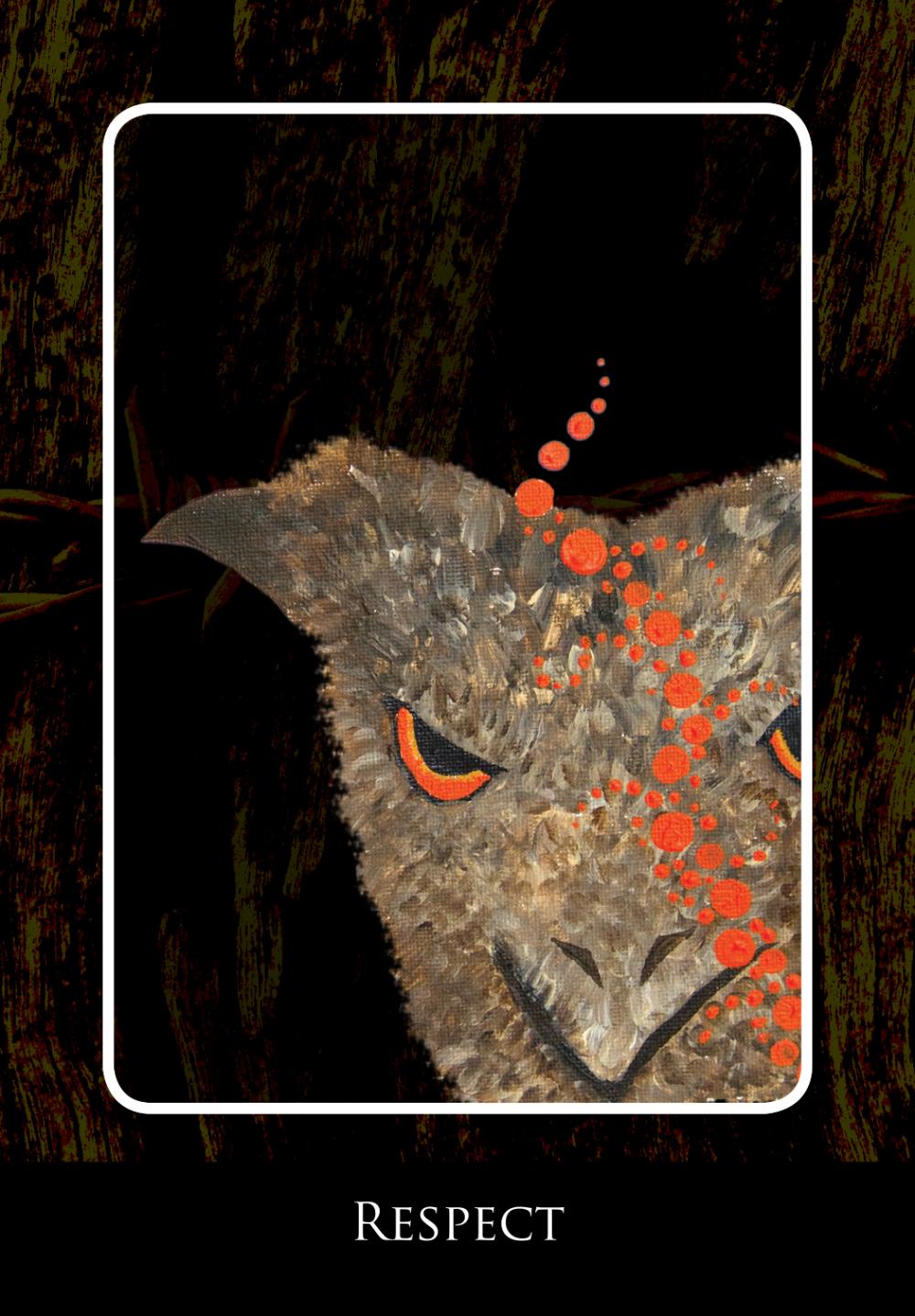 Artistic depiction of a creature with red eyes and a dark background, featuring the word 'Respect'.