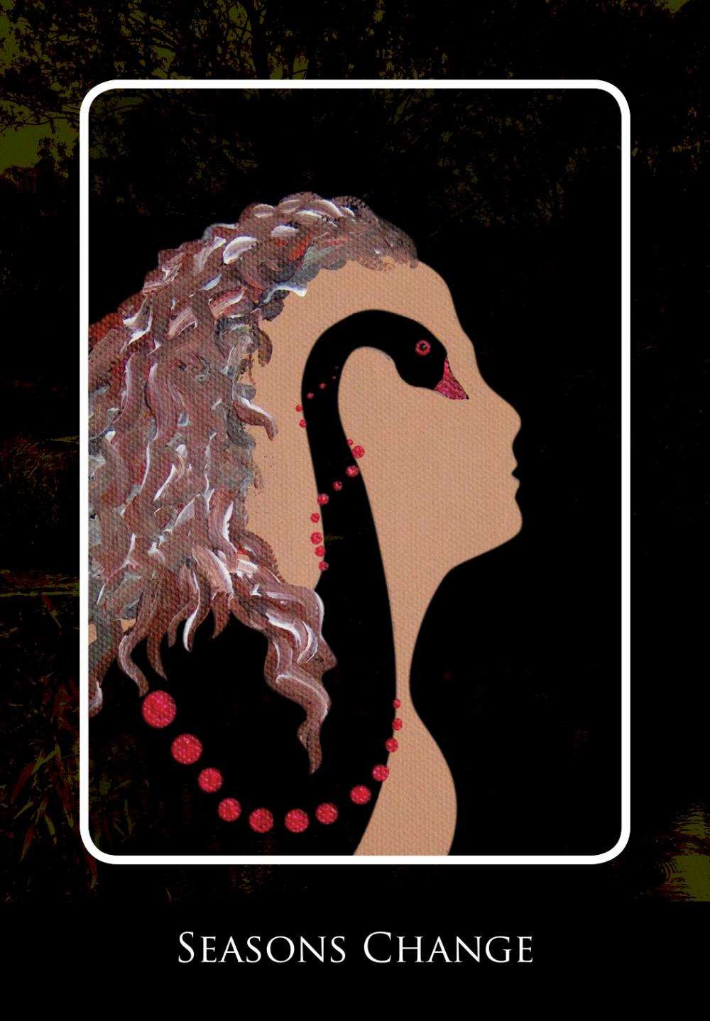 Illustration of a profile with wavy hair and red beads, framed with 'Seasons Change' text.
