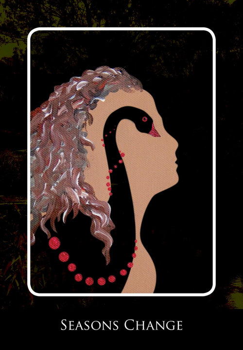 Illustration of a profile with wavy hair and red beads, framed with 'Seasons Change' text.