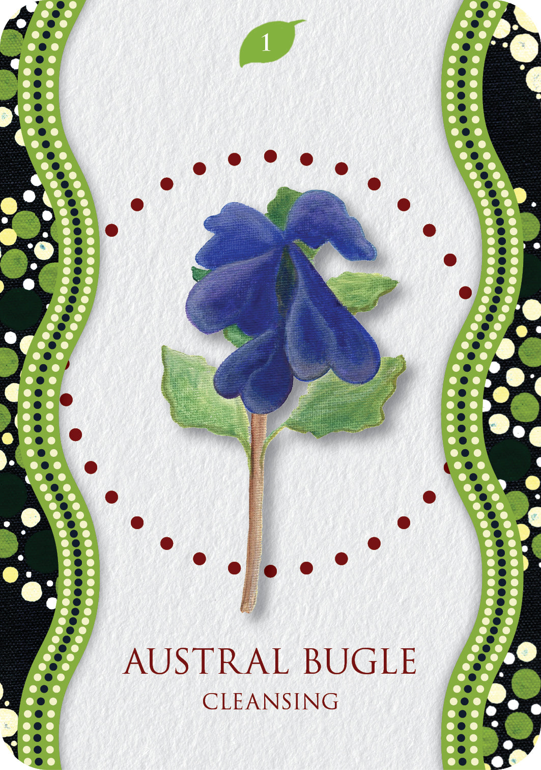 Card with a blue flower illustration and decorative border on a white background