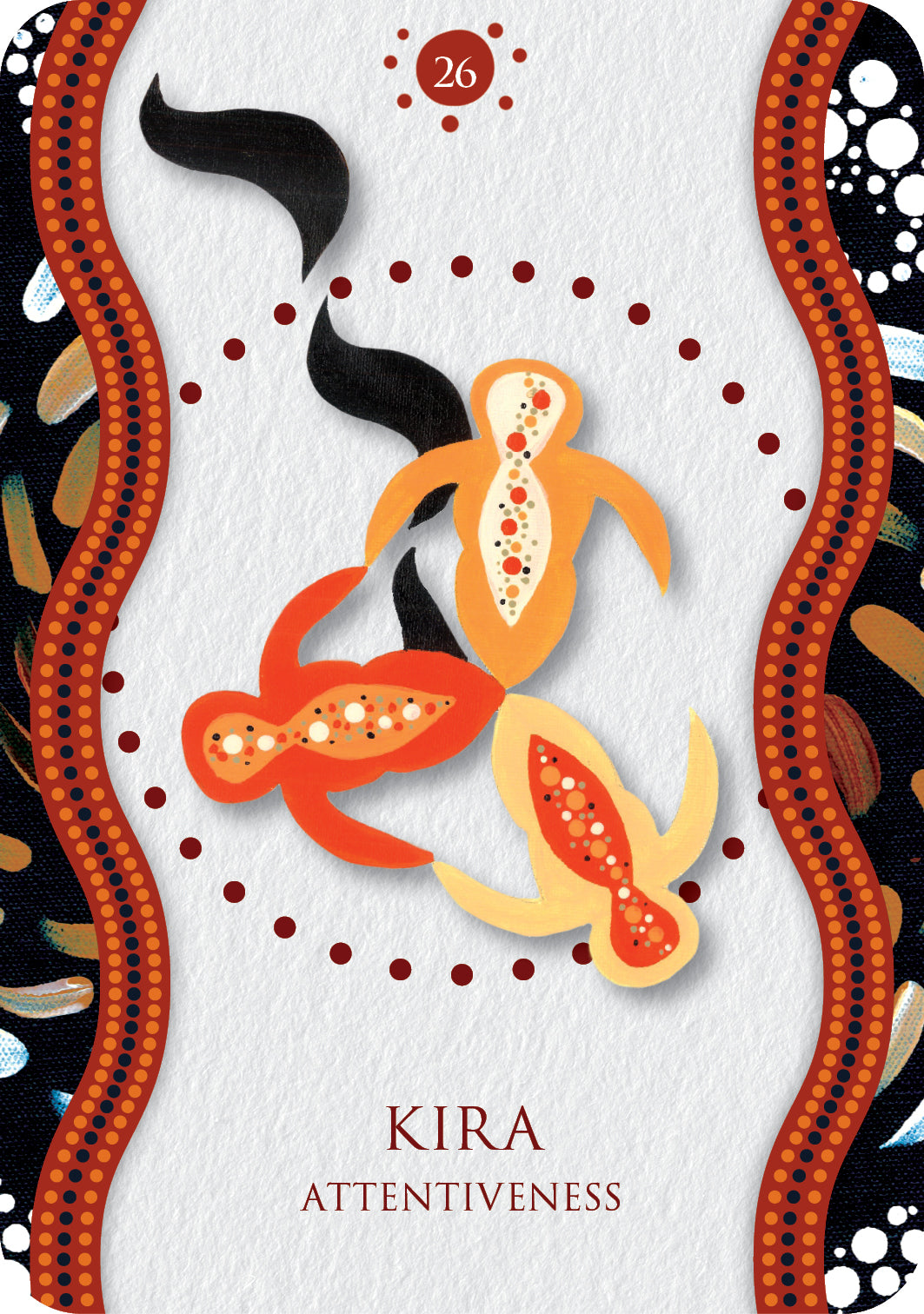 Decorative card with stylized fish and abstract patterns on a white background