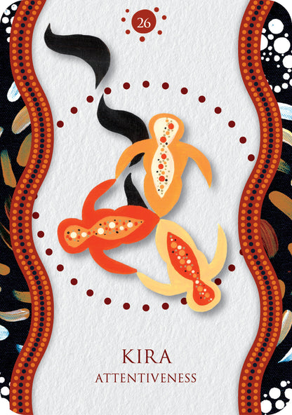 Decorative card with stylized fish and abstract patterns on a white background
