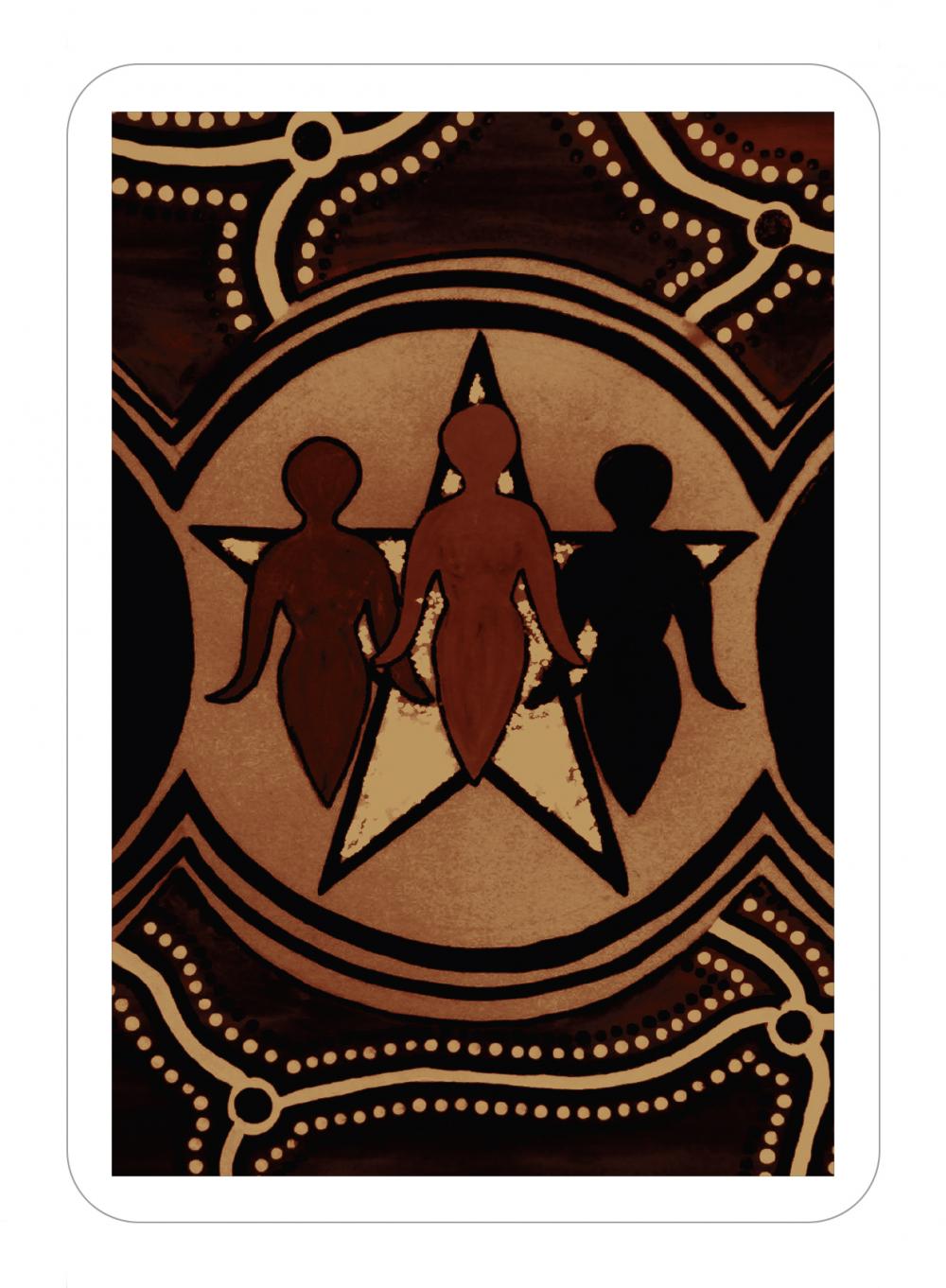 Decorative card with three silhouetted figures holding hands against a brown and beige patterned background.