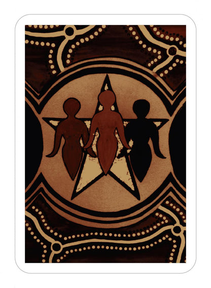 Decorative card with three silhouetted figures holding hands against a brown and beige patterned background.