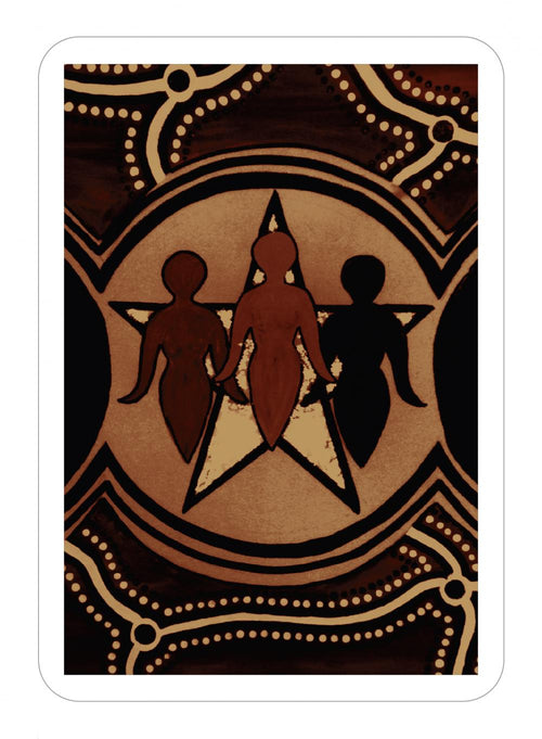 Decorative card with three silhouetted figures holding hands against a brown and beige patterned background.