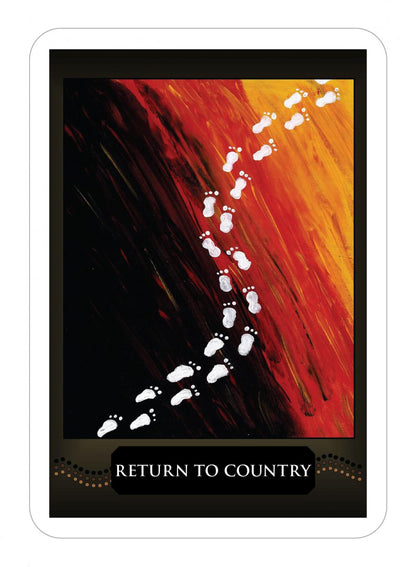 Card with white footprints on a red and black background, featuring the text 'RETURN TO COUNTRY'.