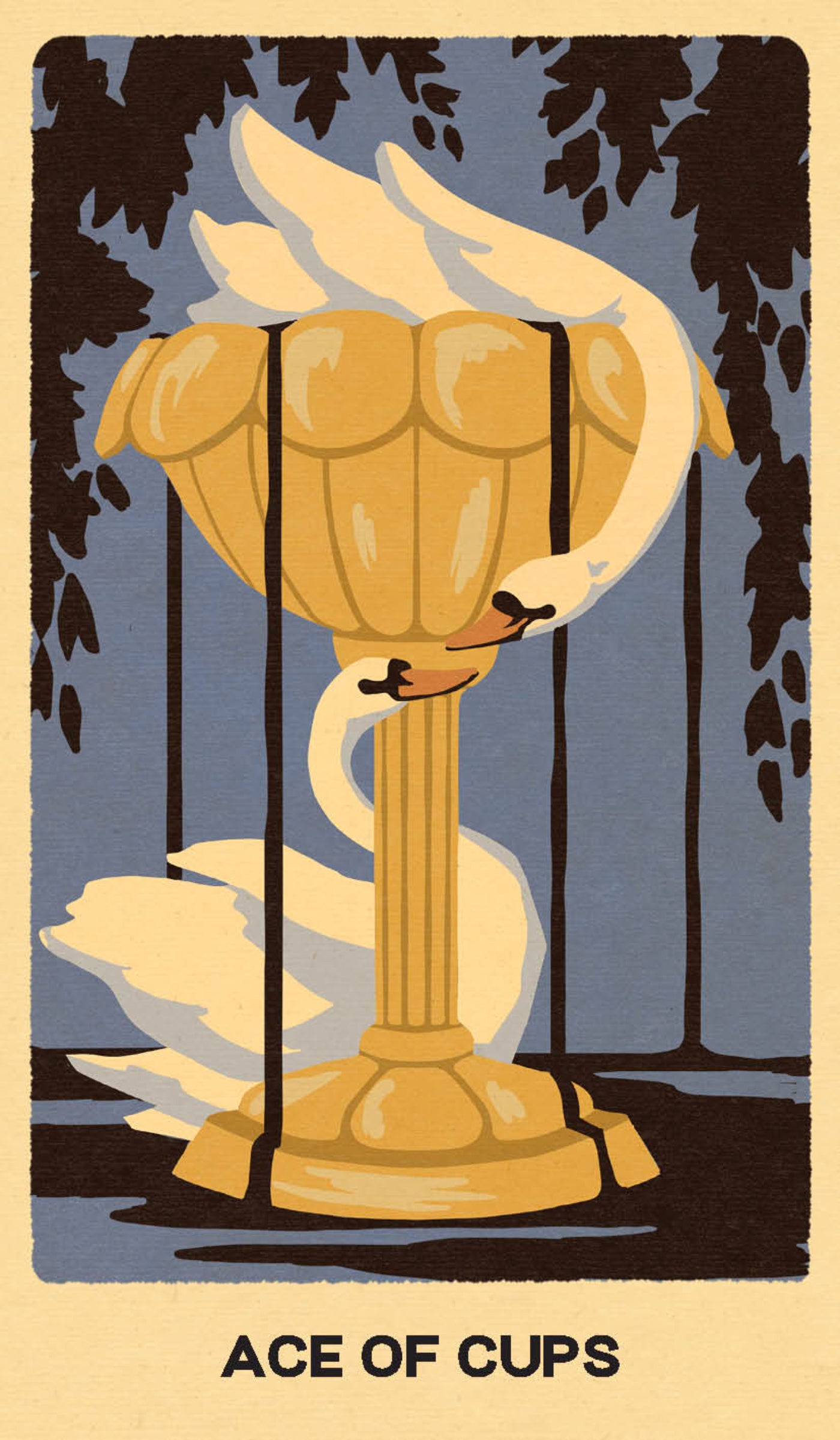 Card featuring a swan and urn with 'Ace of Cups' text on a dark background