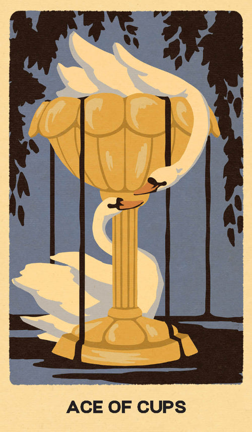 Card featuring a swan and urn with 'Ace of Cups' text on a dark background