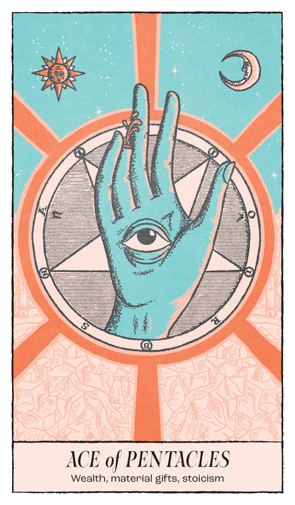 Tarot card featuring a hand with an eye and astrological symbols on a colorful background