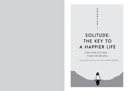 Book cover with text 'Solitude: The Key to a Happier Life' and a silhouette of a person sitting on a rock.