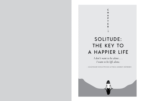 Book cover with text 'Solitude: The Key to a Happier Life' and a silhouette of a person sitting on a rock.