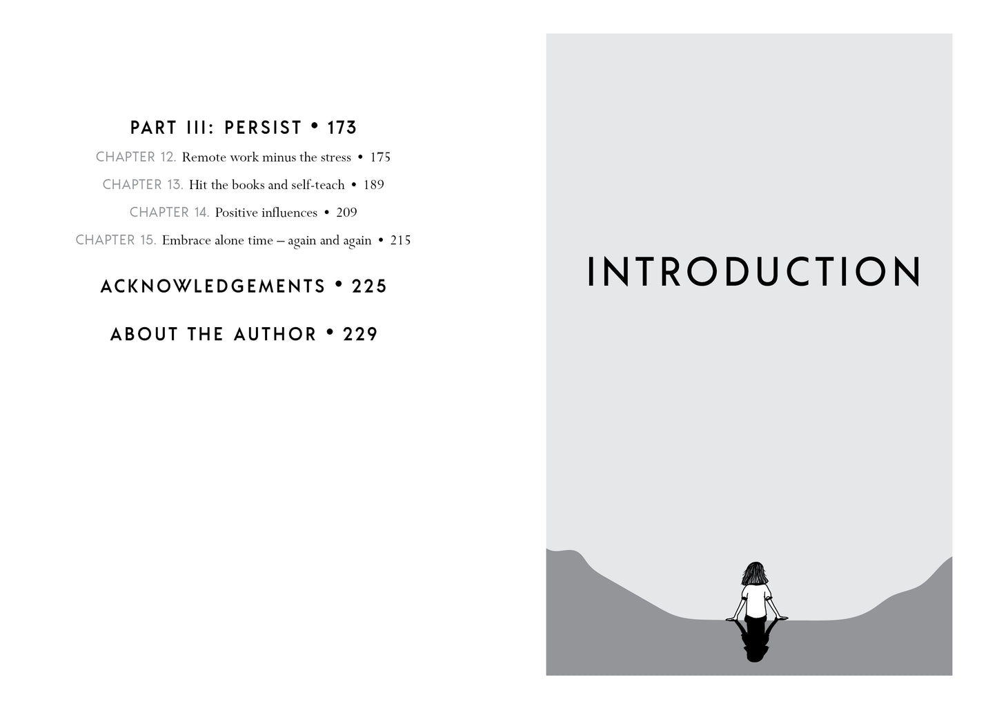 Book page with table of contents and an illustration of a person sitting on a mountain.