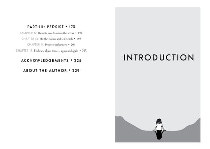 Book page with table of contents and an illustration of a person sitting on a mountain.