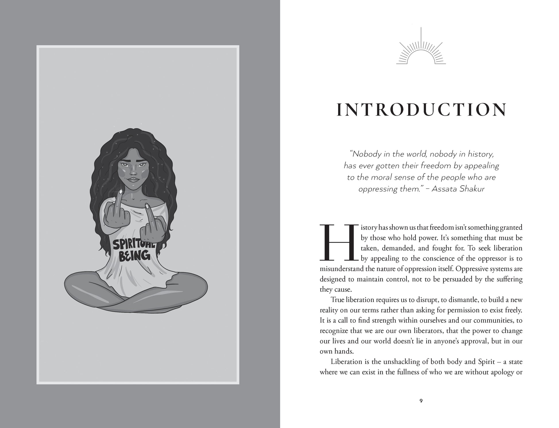 Book page with illustration of a person sitting cross-legged and text on a gray background