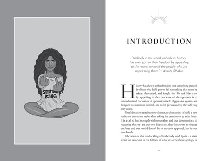 Book page with illustration of a person sitting cross-legged and text on a gray background
