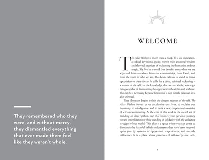 Book interior with 'Welcome' text and a quote on a white background