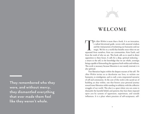 Book interior with 'Welcome' text and a quote on a white background