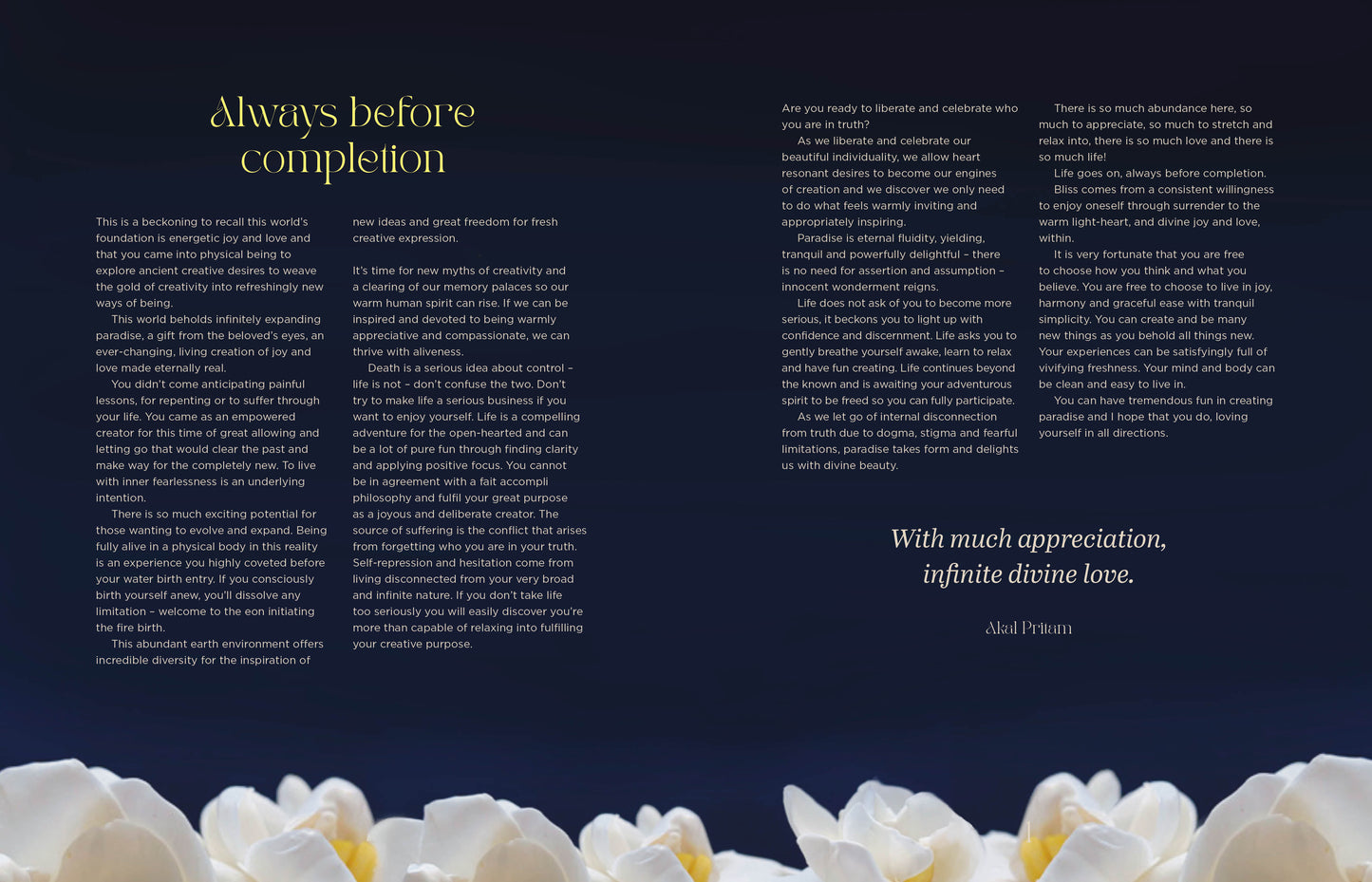 'Always before completion' page on a dark background with white flowers at the bottom