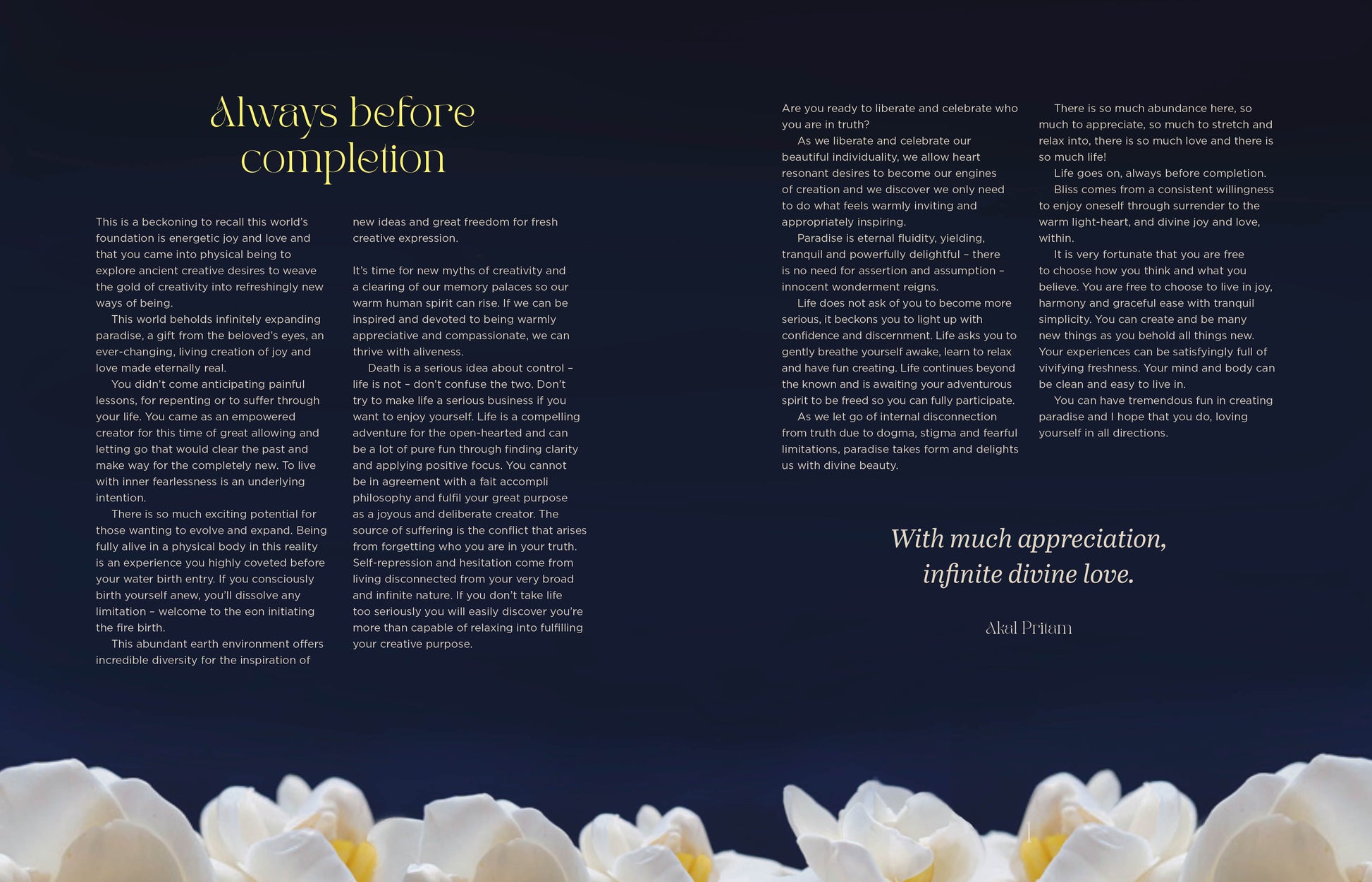 'Always before completion' page on a dark background with white flowers at the bottom