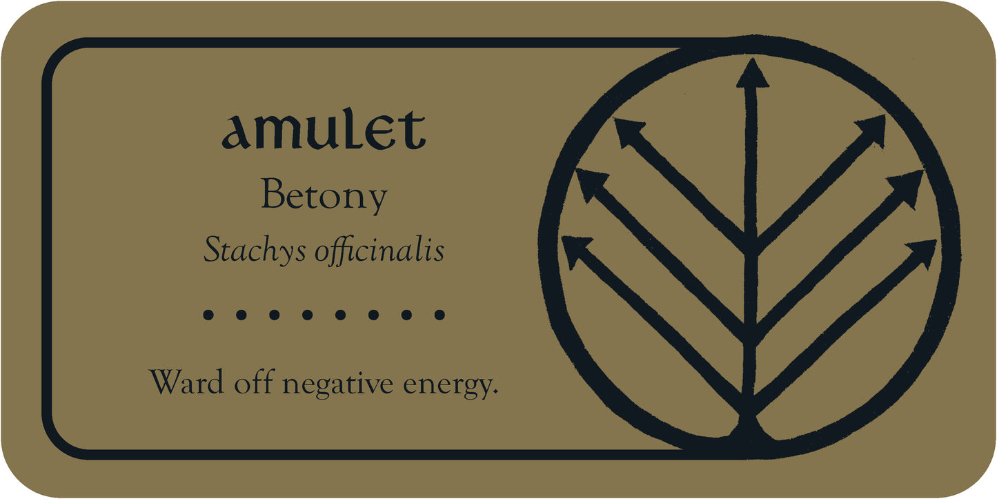 Amulet card with Betony symbol and text on a beige background