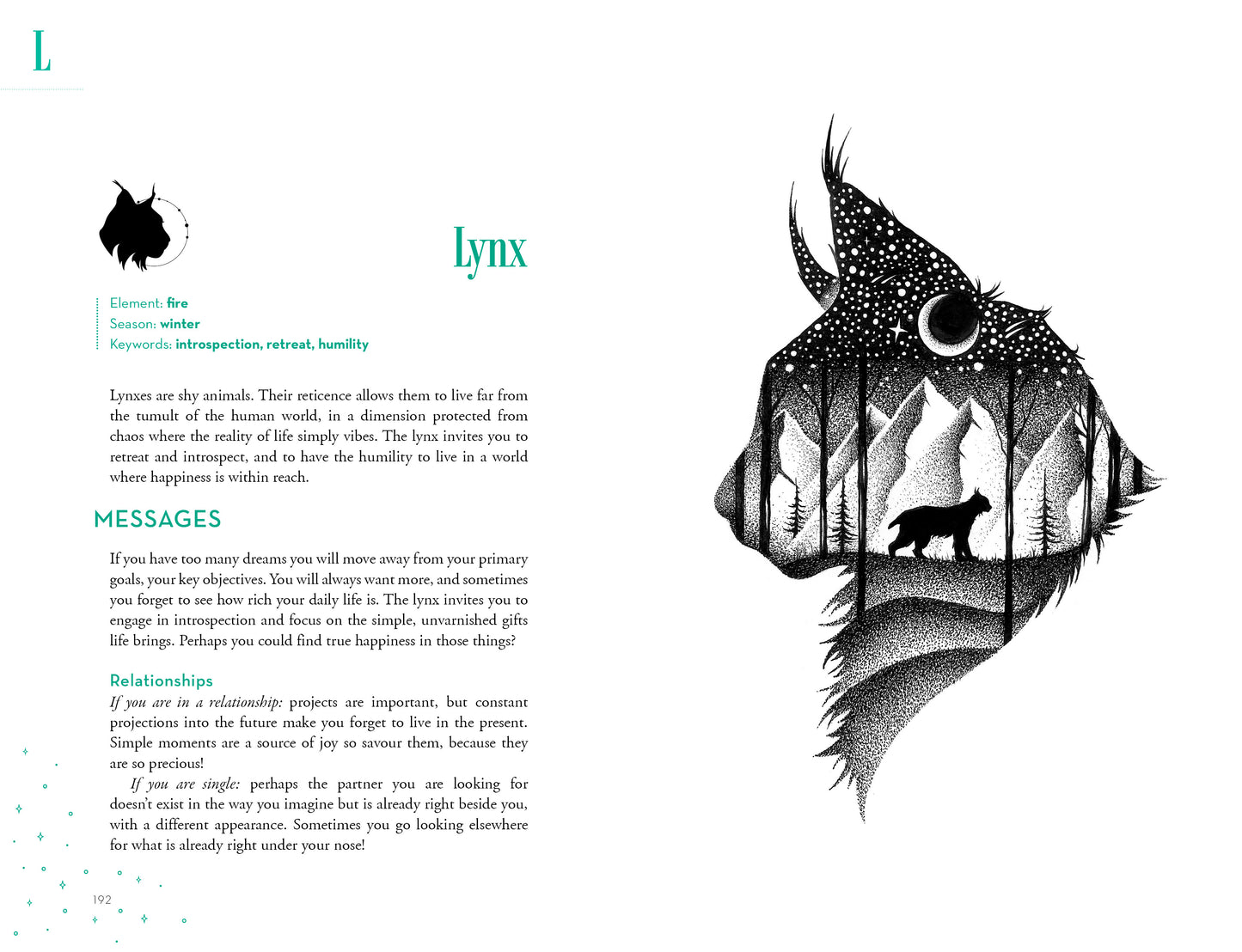 Illustration of a lynx with a mountain and moon landscape, text on a white background