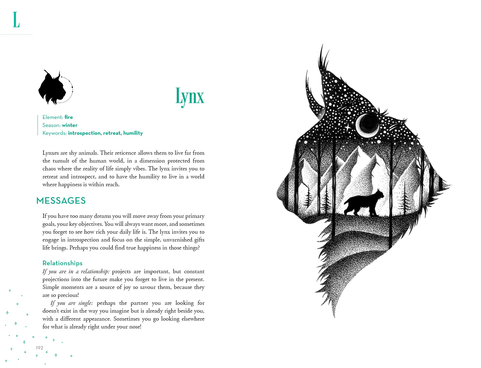 Illustration of a lynx with a mountain and moon landscape, text on a white background