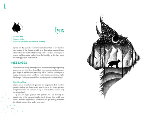 Illustration of a lynx with a mountain and moon landscape, text on a white background