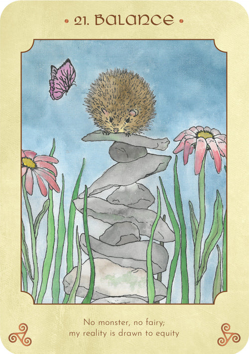 Card with a hedgehog on a rock, flowers, and butterfly, labeled 'Balance'.