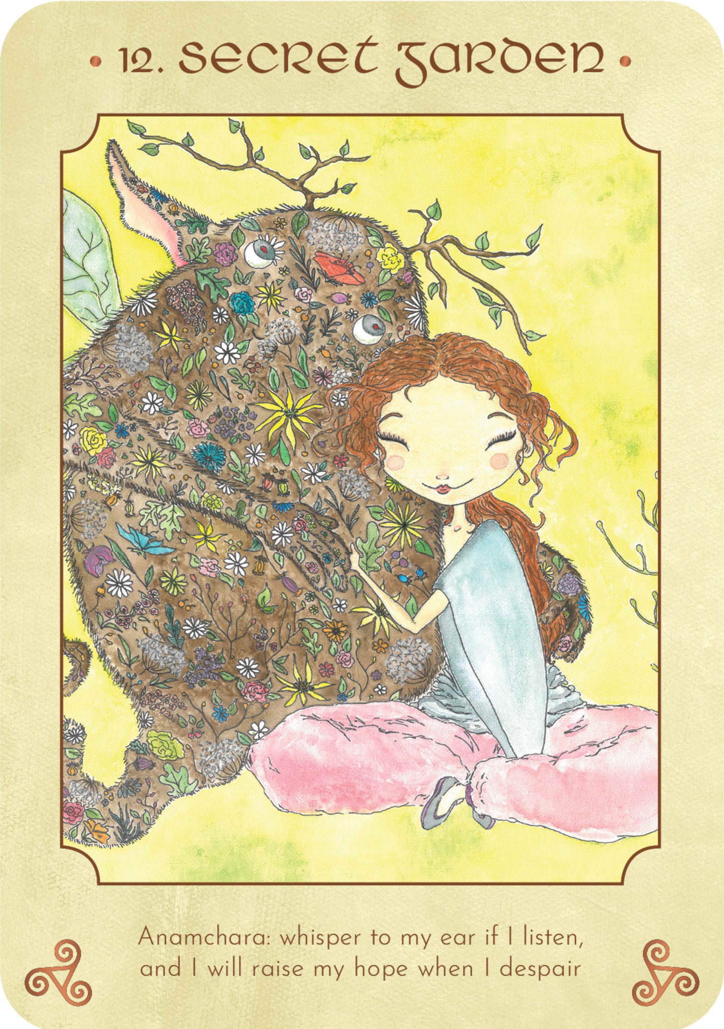 Illustration of a girl hugging a creature with floral patterns on a yellow background.