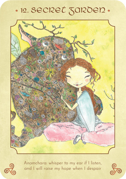 Illustration of a girl hugging a creature with floral patterns on a yellow background.
